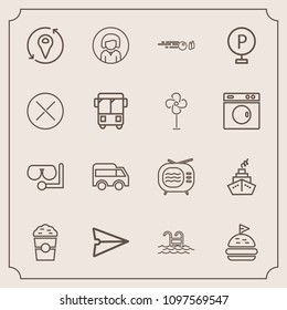 Modern, simple vector icon set with communication, coffee, cafe, cup, hit, food, summer, drink, mask, sandwich, internet, message, glass, face, girl, direction, lunch, location, tomato, video,  icons