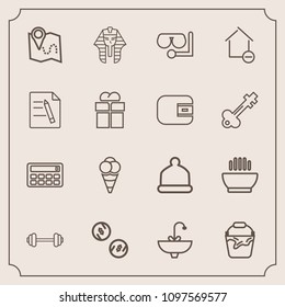 Modern, simple vector icon set with mask, faucet, handle, food, gym, glass, money, pin, culture, egypt, pharaoh, sea, dish, fashion, travel, ancient, location, cream, bathroom, ball, exercise icons
