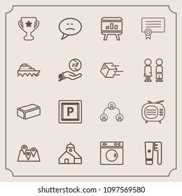 Modern, simple vector icon set with bubble, equipment, success, travel, brick, transport, brush, winner, template, certificate, map, pin, technology, diploma, first, award, washer, road, health icons