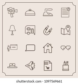 Modern, simple vector icon set with talk, shopping, market, home, luggage, speech, pencil, trip, house, web, list, jet, glasses, bubble, housework, head, fashion, handle, camera, real, ironing icons