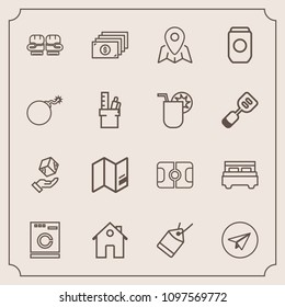 Modern, simple vector icon set with email, money, sport, washer, cargo, estate, pin, pitch, message, housework, communication, home, tag, real, web, cash, laundry, machine, fight, bed, double icons