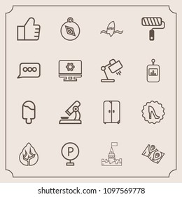 Modern, simple vector icon set with elegance, compass, science, forest, surfer, laboratory, travel, nature, building, vehicle, urban, microscope, environment, south, search, tower, frame, lot icons