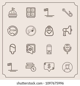 Modern, simple vector icon set with lunch, ocean, dessert, safety, fishing, song, rod, male, hotel, square, business, fish, coin, food, microphone, banking, beach, cash, room, finance, voice icons