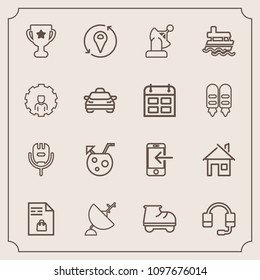 Modern, simple vector icon set with building, award, antenna, architecture, song, home, sea, winner, transfer, list, achievement, support, drink, leisure, shopping, roller, headset, house, call icons
