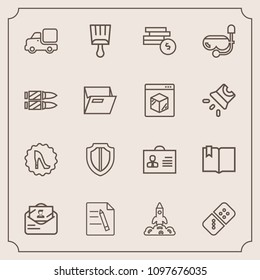 Modern, simple vector icon set with bank, game, row, space, shuttle, truck, play, circle, elegance, internet, paper, business, office, sign, document, money, rocket, paint, mail, post, frame icons