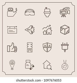 Modern, simple vector icon set with real, electric, medicine, glasses, cold, kitchen, white, success, power, drink, restroom, electricity, travel, bathroom, kettle, online, hand, protect, shield icons