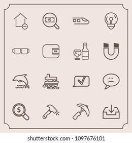 Modern, simple vector icon set with ship, web, chat, transportation, crane, boat, nature, glasses, equipment, bulb, fashion, concept, find, speech, transport, sea, apartment, wildlife, picking icons