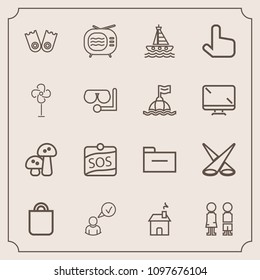 Modern, simple vector icon set with online, food, summer, boy, edible, folder, boat, document, flipper, antenna, backdrop, happy, sos, sport, internet, water, sign, bag, mushroom, profile, girl icons