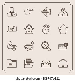 Modern, simple vector icon set with plane, sign, download, people, home, profile, employer, find, coin, water, folder, internet, mask, cap, online, cash, hat, construction, sea, airplane, chat icons