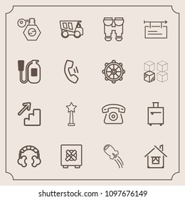 Modern, simple vector icon set with building, optical, bottle, technology, down, home, tipper, space, mobile, sound, luggage, craft, music, house, success, downstairs, trip, architecture, pump icons