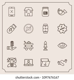 Modern, simple vector icon set with space, old, human, video, map, construction, vintage, position, communication, connection, growth, room, can, spaceship, box, garbage, craft, trash, hotel icons