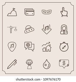 Modern, simple vector icon set with hand, real, mountain, balloon, mobile, direction, travel, pen, rain, east, sky, blue, compass, musical, money, carnival, plastic, music, guitar, pencil, white icons