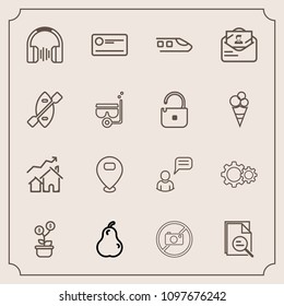 Modern, simple vector icon set with audio, fruit, location, increase, transport, forbidden, transportation, boat, person, train, music, mail, payment, food, oar, fresh, sound, canoe, cheque, map icons