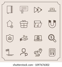 Modern, simple vector icon set with house, technology, money, search, account, web, protection, location, finance, music, notebook, cap, template, button, book, certificate, concept, computer icons