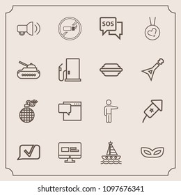 Modern, simple vector icon set with hand, tank, addiction, sos, help, communication, masquerade, celebration, emergency, fashion, power, message, no, speech, fire, explosion, yacht, people, web icons