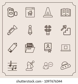 Modern, simple vector icon set with camera, communication, real, office, ufo, property, address, literature, user, space, step, online, education, profile, musical, internet, account, sound, pen icons