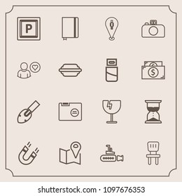 Modern, simple vector icon set with clock, construction, paper, page, sea, pole, book, sand, room, interior, equipment, comfortable, ocean, hourglass, blank, crash, magnetic, shattered, time icons