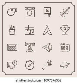 Modern, simple vector icon set with station, tool, computer, book, south, referee, space, compass, button, equipment, astronomy, clean, wrench, aircraft, contact, technology, sport, whistle, jet icons