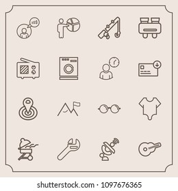 Modern, simple vector icon set with fishing, model, freelancer, work, white, freelance, nature, musical, fashion, spanner, rod, bbq, businessman, center, technology, guitar, eye, tool, people icons