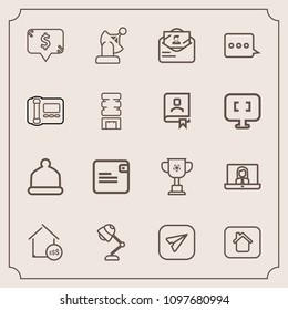 Modern, simple vector icon set with property, business, stationary, technology, call, wallet, hat, phone, head, electricity, communication, light, cup, price, office, video, satellite, lamp, web icons