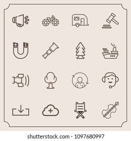 Modern, simple vector icon set with add, loud, armchair, quality, internet, wheel, profile, nature, van, refresh, music, headset, telephone, person, transportation, violoncello, tree, technology icons