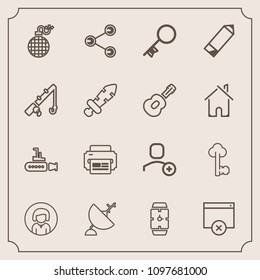 Modern, simple vector icon set with watch, key, page, technology, social, user, printer, vintage, fishing, danger, bomb, woman, security, marine, door, dish, time, clock, share, lock, sign, boat icons