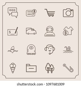 Modern, simple vector icon set with bank, document, dessert, call, rod, card, food, ocean, center, speech, surf, surfing, environment, pool, water, landscape, fish, trolley, balance, storage icons