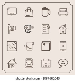 Modern, simple vector icon set with railway, photo, internet, paper, sale, transportation, chat, buy, schedule, drink, train, scenery, landscape, building, retail, web, transport, file, speech icons