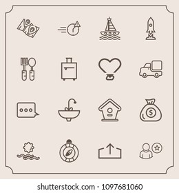 Modern, simple vector icon set with man, faucet, direction, north, profile, message, travel, location, online, boat, finance, east, south, late, wooden, upload, landscape, sea, morning, download icons