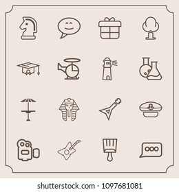 Modern, simple vector icon set with box, table, landscape, navy, gift, environment, strategy, brush, egypt, hat, bubble, decoration, sign, handle, pharaoh, tree, speech, cap, message, equipment icons