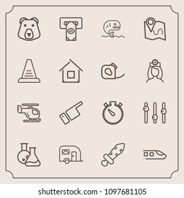 Modern, simple vector icon set with weapon, equality, cash, food, traffic, train, fish, sea, timer, tool, transportation, equipment, grizzly, blade, bear, direction, medicine, time, clock, air icons