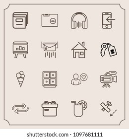 Modern, simple vector icon set with flight, glass, box, education, online, money, holiday, audio, substitute, aircraft, file, sweet, cocktail, juice, safe, folder, tripod, paper, airplane, cream icons