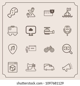 Modern, simple vector icon set with online, delivery, internet, transportation, route, location, transport, speaker, bike, go, navigation, web, voice, search, sound, money, map, sewing, food icons