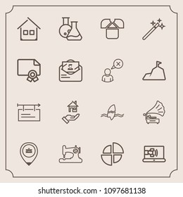 Modern, simple vector icon set with home, property, sewing, blank, tool, communication, architecture, call, building, chart, surfing, vintage, record, job, music, banner, laboratory, equipment icons