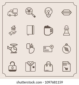 Modern, simple vector icon set with security, tshirt, finance, shirt, bulb, currency, protection, object, electricity, open, east, direction, retail, helicopter, search, air, find, market, south icons