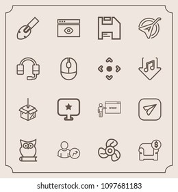 Modern, simple vector icon set with furniture, device, communication, string, equipment, interior, mouse, fan, window, microphone, star, diskette, computer, instrument, musical, bird, web, call icons