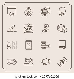 Modern, simple vector icon set with south, aviation, cardboard, helicopter, bus, craft, play, package, highway, cancel, compass, sewing, subscription, sign, voice, relocation, page, library, row icons