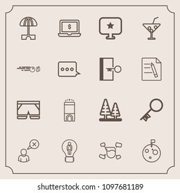 Modern, simple vector icon set with space, planet, luxury, creative, laptop, umbrella, wear, white, environment, landscape, online, boy, shorts, flag, male, web, house, fashion, man, screen, sun icons