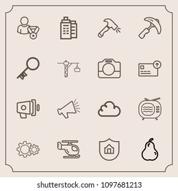 Modern, simple vector icon set with transportation, technology, pear, equipment, shovel, action, door, protect, crane, estate, transport, protection, construction, property, organic, air, online icons