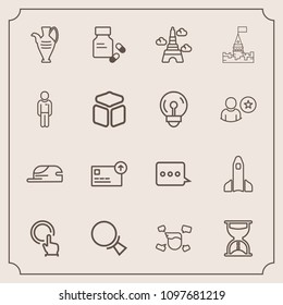 Modern, simple vector icon set with search, magnifying, landmark, clock, touch, button, tower, cap, paris, decoration, science, finger, eiffel, fashion, france, space, male, sand, boy, click icons