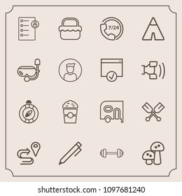 Modern, simple vector icon set with paddle, canoe, car, hand, road, fitness, cafe, location, food, cup, nature, oar, picnic, delivery, navigation, white, shop, pen, compass, gym, east, workout icons