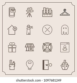Modern, simple vector icon set with email, medical, marketing, sea, giftbox, target, box, ship, boat, escape, internet, present, medicine, map, building, analysis, vessel, customer, equipment icons