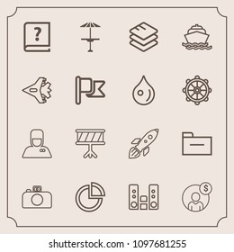 Modern, simple vector icon set with player, bar, pub, audio, money, graphic, book, internet, hospitality, bellhop, graph, drum, technology, old, document, space, photography, finance, account icons