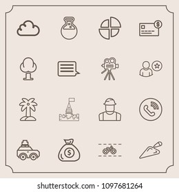 Modern, simple vector icon set with ring, financial, business, technology, finance, summer, castle, credit, call, luggage, money, person, laboratory, banking, balance, bike, medieval, leaf, pie icons
