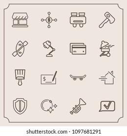 Modern, simple vector icon set with axe, white, shield, protection, board, spy, shop, brush, protect, security, paint, chat, trumpet, skate, skater, curtain, bugle, star, rent, skateboard, jazz icons