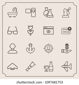 Modern, simple vector icon set with ship, internet, profile, flight, night, travel, tree, retro, movie, tripod, tool, sea, drink, jump, bathroom, boat, nature, marketing, growth, target, wine icons