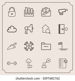 Modern, simple vector icon set with equipment, control, sign, box, document, web, protection, checklist, medicine, file, vintage, delivery, drone, mexico, workout, aerial, security, online, gym icons