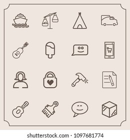 Modern, simple vector icon set with paintbrush, object, travel, bag, message, shovel, camp, product, paint, fashion, woman, balance, music, brush, boat, equipment, measurement, office, bubble icons