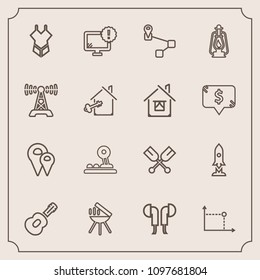 Modern, simple vector icon set with desktop, lantern, sound, craft, water, canoe, sign, rocket, bikini, fashion, lamp, boat, warning, barbecue, headset, travel, web, music, swimsuit, meat, map icons