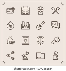 Modern, simple vector icon set with shield, house, dollar, purse, construction, file, laundry, schedule, security, sack, calendar, machine, washer, rent, time, social, home, business, document icons